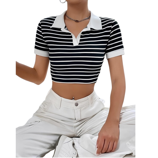 Ladies Polo Shirt Cropped with Stripe Print