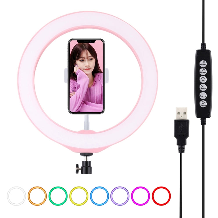 PULUZ 10 2 inch 26cm USB 10 Modes 8 Colors RGBW Dimmable LED Ring Vlogging Photography Video Lights with Cold Shoe Tripod Ball Head Phone Clamp Pink