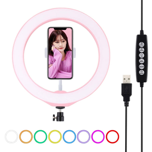 PULUZ 10 2 inch 26cm USB 10 Modes 8 Colors RGBW Dimmable LED Ring Vlogging Photography Video Lights with Cold Shoe Tripod Ball Head Phone Clamp Pink