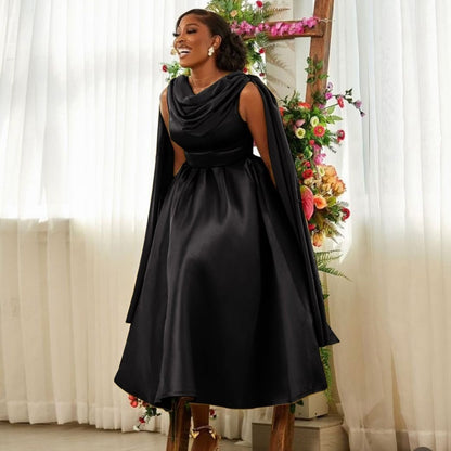 Plus-size New Women Solid Satin Swing Dress Black